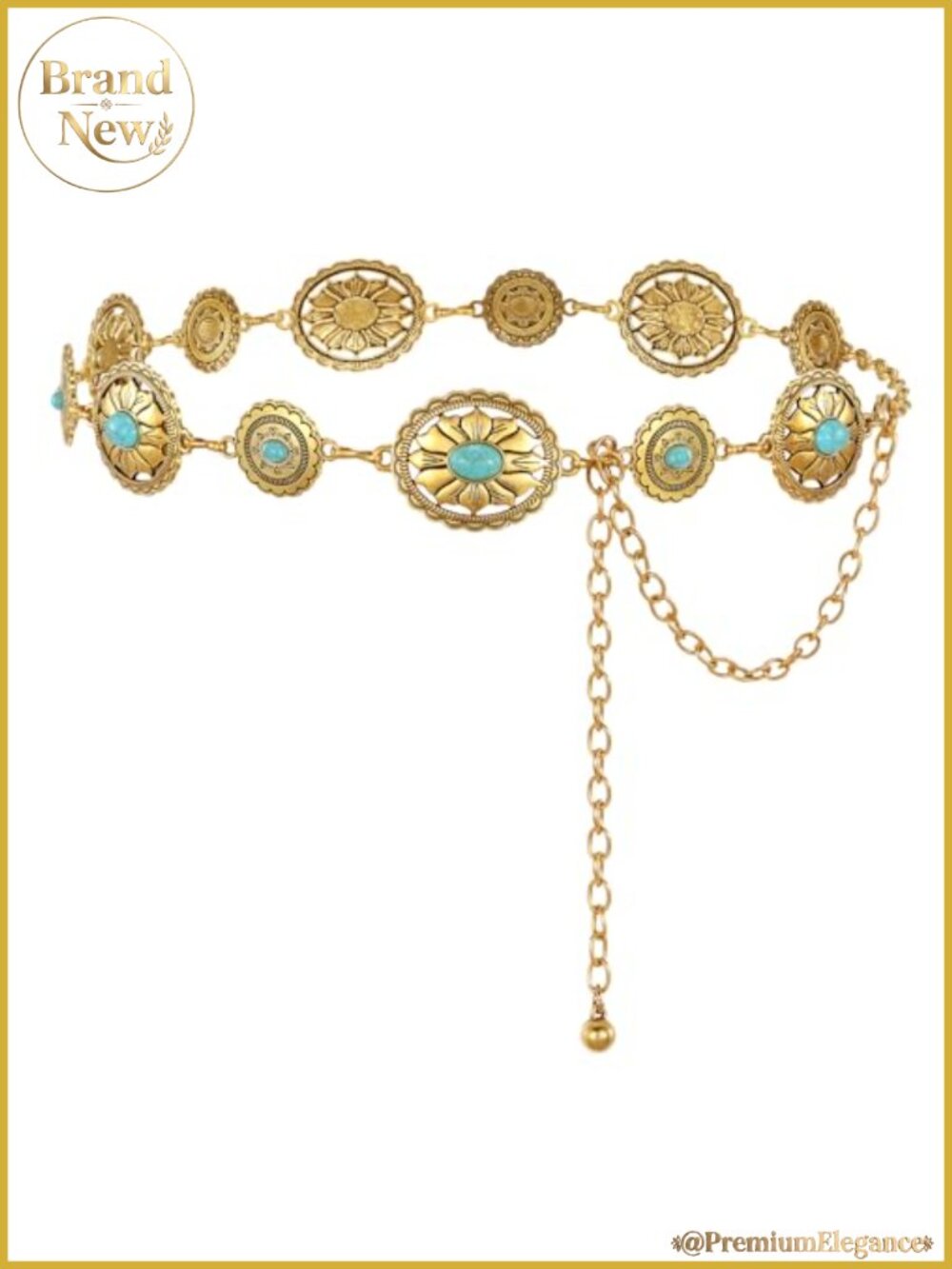 Western Concho Chain Belt Boho Turquoise Gems Metal Waist Belt